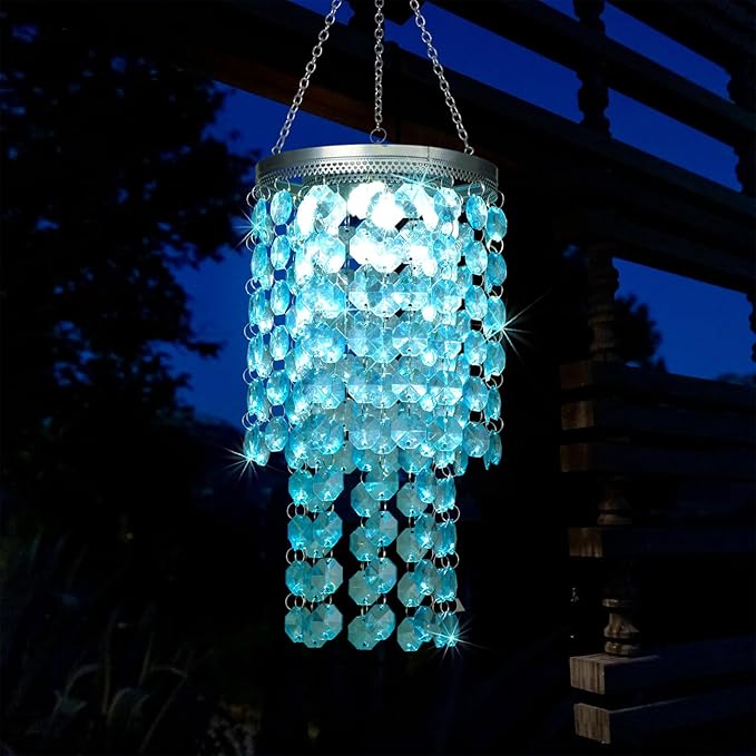 Hanging Solar Lantern Outdoor, 2 Tiers 21” Solar Blue Acrylic Beaded Chandelier with Cool White LED S Hooks for Garden Yard Patio Gazebo Outside Decor-Ruum Studio Home