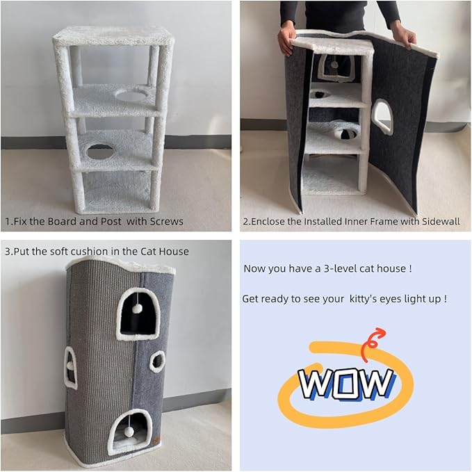 4-Level Cat House for Indoor Cats,Covered Cat Beds and Furniture with Scratch Pad,Hideaway Cave &Cushions,Modern Cat Tower Condo for Multi Small Pet and Large Cats Navy Blue-Ruum Studio Home