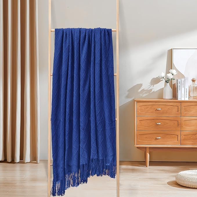 inhand Knit Klein Blue Throw Blanket for Couch, Soft Living Room Home Decor Knitted Twin Size Blanket, Outdoor Lightweight Breathable Summer Blanket, Farmhouse Warm Woven Decorative, 60"x80"-Ruum Studio Home