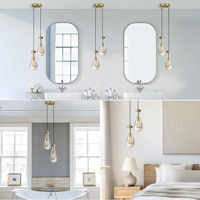 Brass Raindrop Pendant Lights Kitchen Island 2-Light, Cluster Gold Pendant Light Fixture for Bedroom, Dimmable Dining Room Light Fixture Hanging Pendant Lighting Ceiling Chandelier for Foyer-Ruum Studio Home
