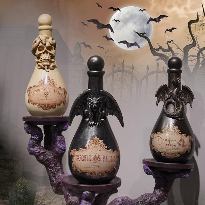 Braxio Halloween Home Decor Potion Bottles - Resin Black Bad Dragon Halloween Potion Bottles Gothic Decor Decorative Bottles Room Decor Aesthetic for Day of The Dead 4.25 * 4.25 * 9.5 Inch-Ruum Studio Home