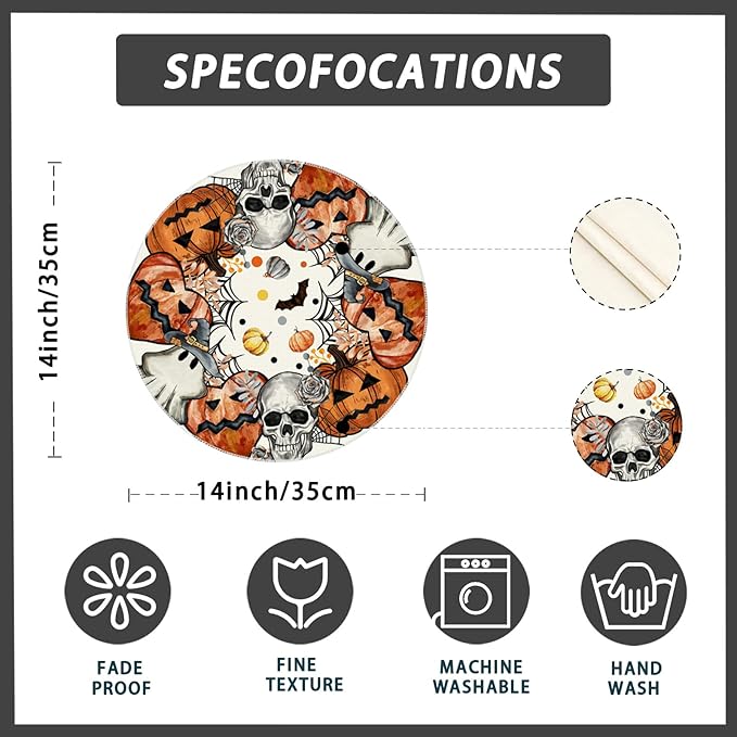 XCHI Spooky Skeleton Ghost Pumpkin Halloween Round Placemats Set of 4 Table Mats for Party Home Kitchen Dining Table Decorations 14x14 Inch-Ruum Studio Home
