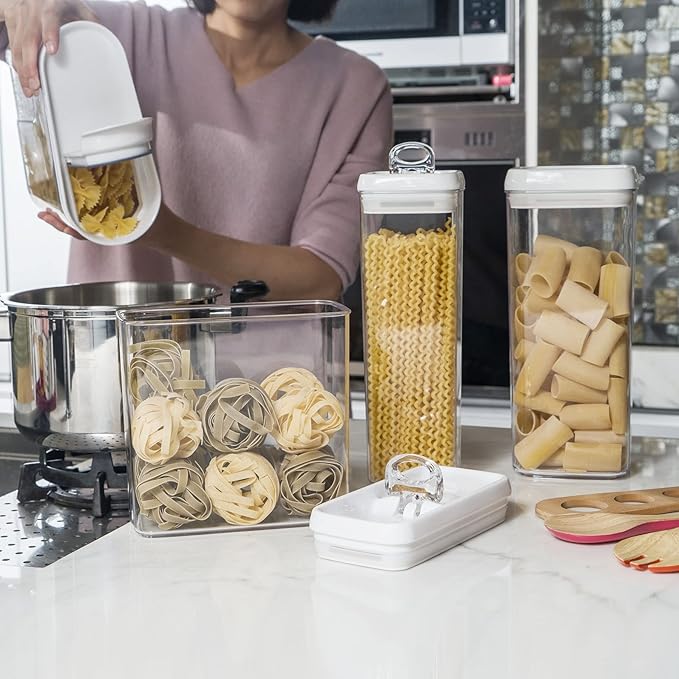 Felli Flip Tite TALL Storage Container with Lid 4" Air Tight Easy Open Ring Top, Clear Acrylic Skinny Canister Jar for Spaghetti Lasagna Fettuccine Noodle, Kitchen Cupboard Pantry Organizer (2.0 qt)-Ruum Studio Home