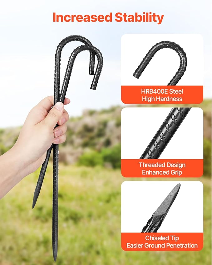 VEVOR Rebar Stakes, 12-Inch, Heavy-Duty 0.4 in Diameter J Hook, Galvanized Steel Ground Anchors with Chisel Point End & Rust-Resistant Coating, for Gardening Support, Fence, Camping Tents (16-Pack)-Ruum Studio Home