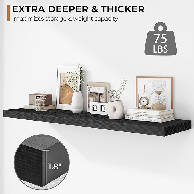 Fun Memories Floating Shelves - 12 Inch Rustic Wooden Wall Shelves - Extra Deeper & Thicker Wall Mounted Storage Shelf for Living Room, Kitchen, Farmhouse - 48" W x 12" D x 1.8" H - Rustic Black-Ruum Studio Home