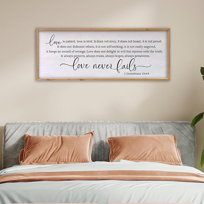 Love is Patient Love is Kind Wall Art 24×10 Inch Bible Verse 1 Corinthians 13 Christian Hanging Wood Framed Decor Sign (Wood)-Ruum Studio Home