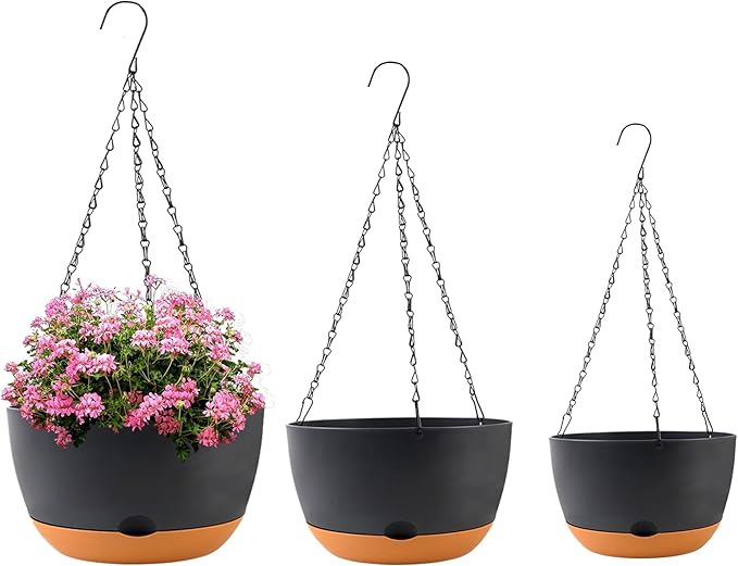 8/10/12 inch Plant Pot Hanging Planters Self Watering Pots for Indoor Plants, 3 Pack Plastic Hanging Basket with Removable Tray for Home Garden Porch Balcony Patio Decor(Black)-Ruum Studio Home