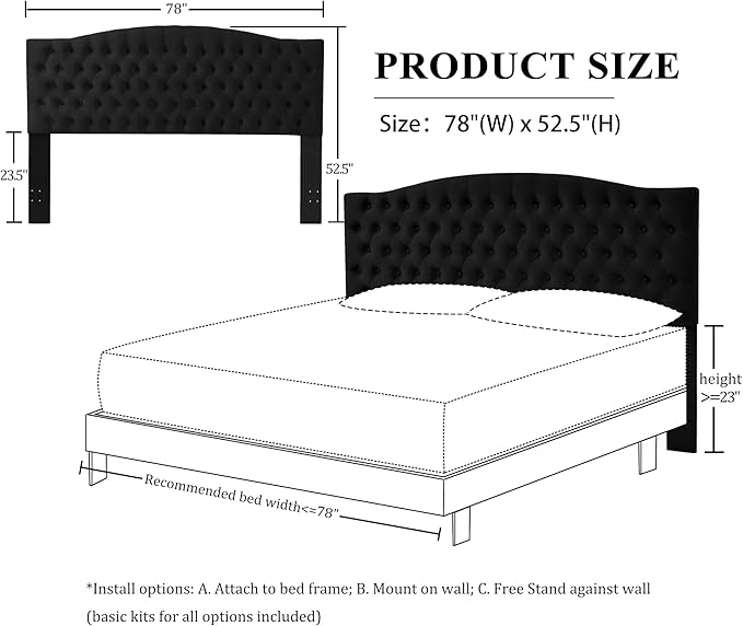 Velvet Upholstered Headboard King/Cal King Size Latest Model Wall Mount, Bed Frame Mount, Featuring High-Density Sponge Padding, Luxury Texture Easy Assembly Comfort and Style-Black-Ruum Studio Home