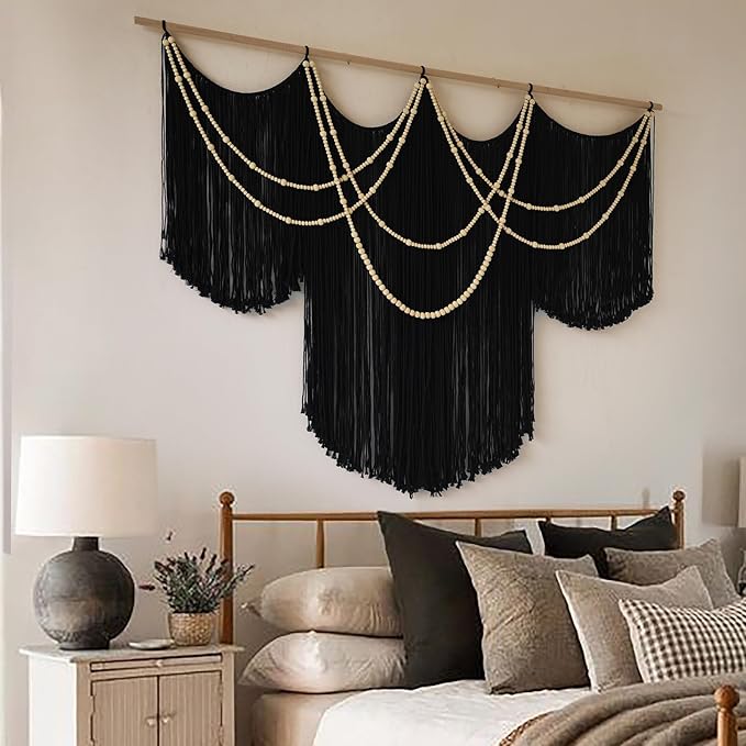 Macrame Wall Hanging Black Yarn Tapestry Home Decor Large Fiber Wall Art Living Room Bedroom Home Wall Decor 57" W x 43" L-Ruum Studio Home