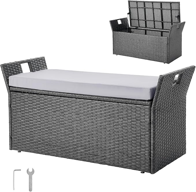 VEVOR Outdoor Storage Bench, 2-Person PE Rattan Storage Bench, 40 Gal Deck Box with Cushion & Side Handle, Supports up to 400 lbs, Weatherproof Outdoor Seating & Porch Decor for Patio Garden Balcony-Ruum Studio Home