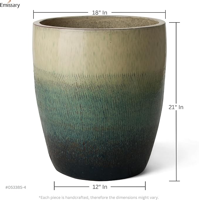 Emissary Bullet 18 in. Bayside Green Ceramic Round Planter (18 in. L x 18 in. W x 21 in. H) with Drainage Hole-Ruum Studio Home
