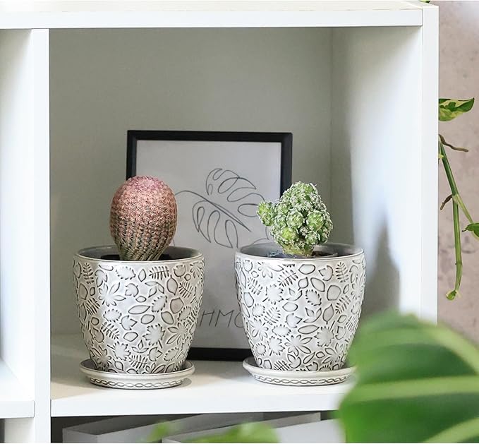 4 Inch Mini Plant Pots, Ceramic Succulent Planter with Drainage Hole and Saucers for Indoor Plants, Small Garden Pots for Succulent, Herb and Flower, Set of 4-Ruum Studio Home