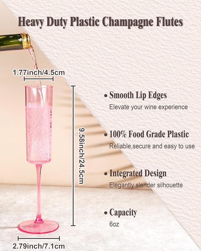 Ciaell 24 Pack Pink Plastic Champagne Flutes - Pink 6 Oz Disposable Champagne Glasses - Square Plastic Toasting Glasses for Party Birthday Anniversary Wedding-Ruum Studio Home
