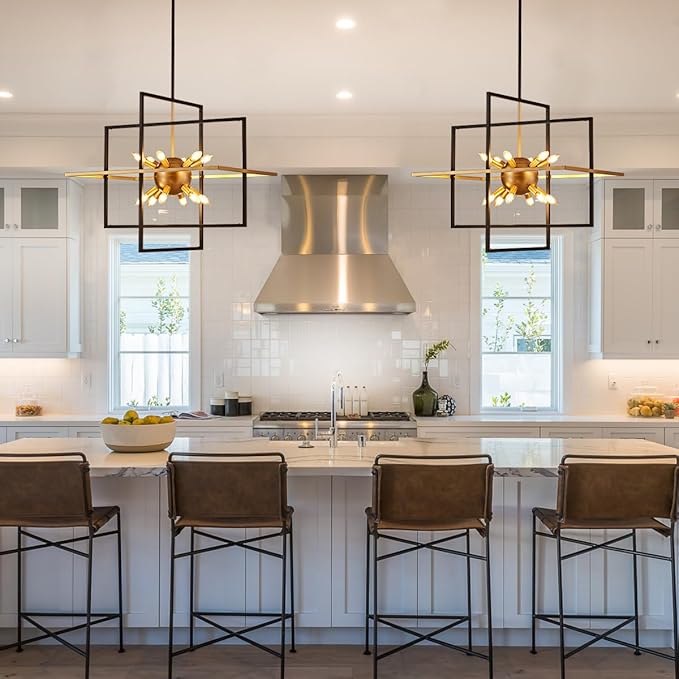 31.5'' Large Modern Lantern Chandeliers, 12-Light Black Gold Geometric Pendant Light Fixture, Industrial Hanging Chandelier for Entryway Foyer Hallway Dining Room, Kitchen Island-Ruum Studio Home