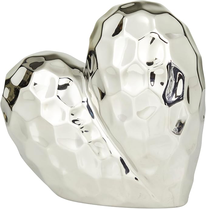 Deco 79 Porcelain Ceramic Heart Decorative Sculpture Dimensional Angled Origami Inspired Home Decor Statue, Accent Figurine 8" x 3" x 8", Silver-Ruum Studio Home