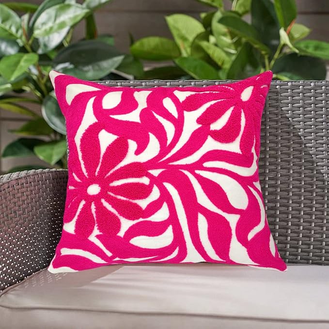 Alysheer Farmhouse Floral Leaves Embroidered Decorative Throw Pillow Cover 18x18 inches, Boho Tufted Flowers Embroidery Pattern Chic Cotton Cushion Case for Couch Bed Sofa Living Room(Bright Hot Pink)-Ruum Studio Home