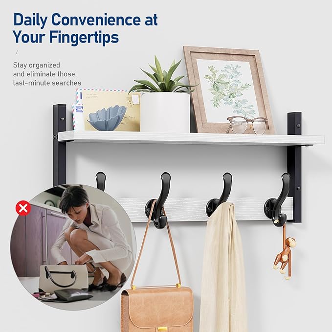 Tatub 20" Rustic Coat Rack Wall Mount with Shelf, Wall Hooks with Shelf, Heavy Duty Entryway Organizer Hangers for Hanging, Hat, Bag, Jacket for Bathroom, Living Room, Bedroom, White-Ruum Studio Home