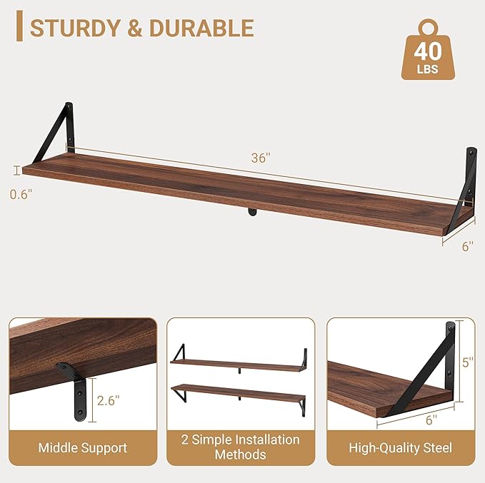 Heimlove Floating Shelves for Wall, 36 Inch Long Wood Floating Bookshelf Set of 3, Wall Mounted Hanging Shelf for Bathroom Bedroom Kitchen, Walnut-Ruum Studio Home