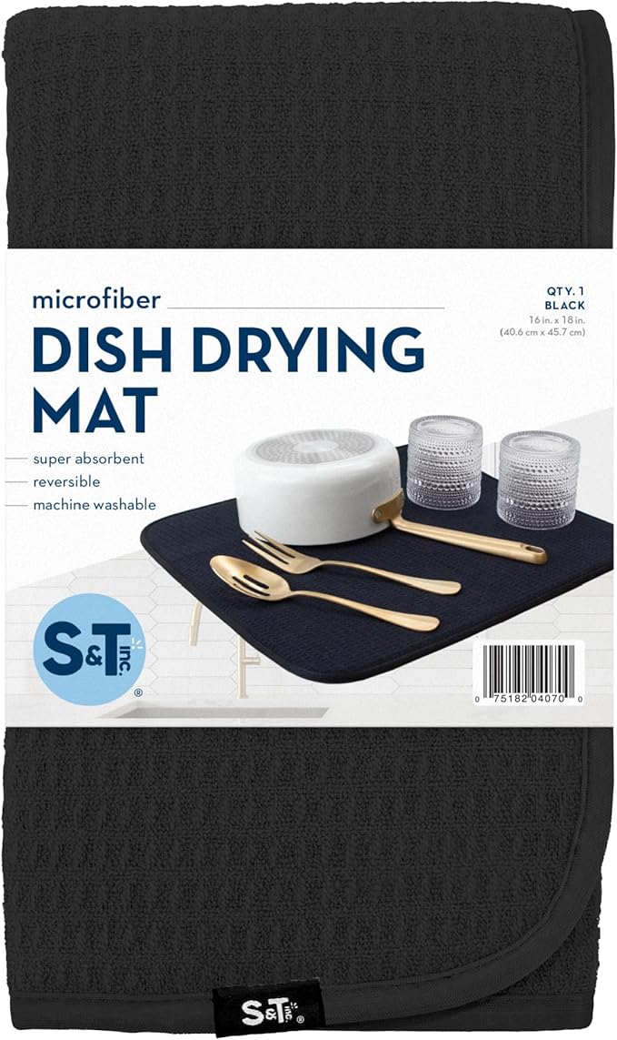 S&T INC. Dish Drying Mat, 16” x 18”, Absorbent Microfiber Kitchen Counter Mat, Dish Drying Pad for Dishes, Utensils, Pots and Pans, Large, Black-Ruum Studio Home