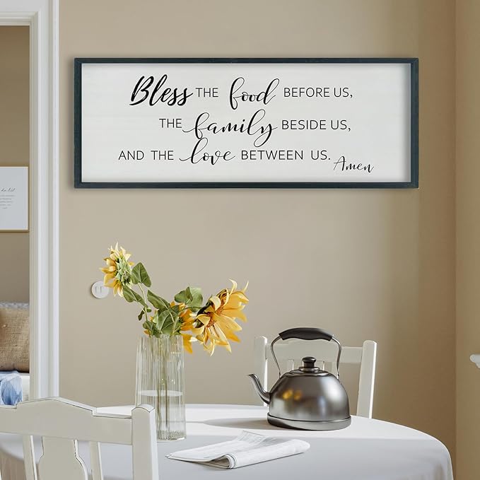 SRSZHIYUE Bless the Food Before Us Wall Sign Decor 40"×15" Christian Bible Verse for Farmhouse Rustic Kitchen Dining Room Framed Wood Scripture Religious Jesus Prayer Wall Art (Black)-Ruum Studio Home