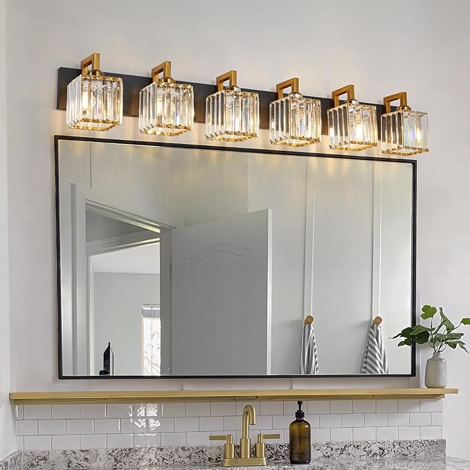 Modern Bathroom Vanity Light 6-Lights Black Gold Crystal Wall Lamp Bathroom Modern Crystal Vanity Lighting-Ruum Studio Home