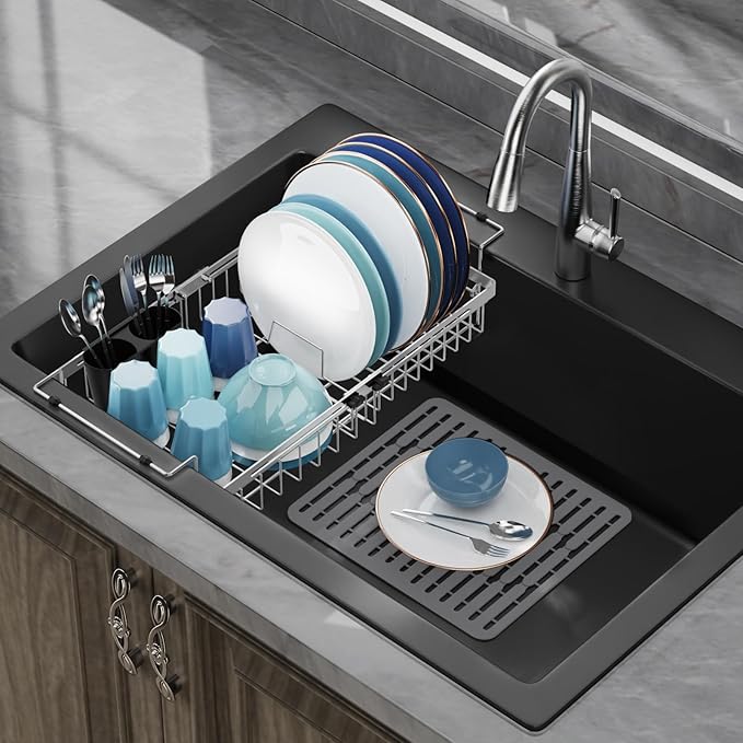 GSlife Expandable Sink Dish Drying Rack - Stainless Steel Capacity Adjustable Over The Sink Dish Rack (13.4''-20.4'') with Sink Mat and Utensil Holder, Silver-Ruum Studio Home