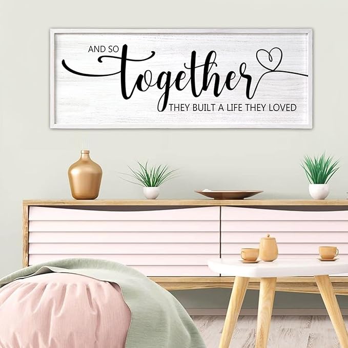 And So Together They Built A Life They Loved Decorative Rustic Sign & Plaque Framed Wall Art for Couples, 40''×15' Wooden Long Wall Decor Above Bed, Vintage Horizontal Farmhouse Wedding Gift-Ruum Studio Home