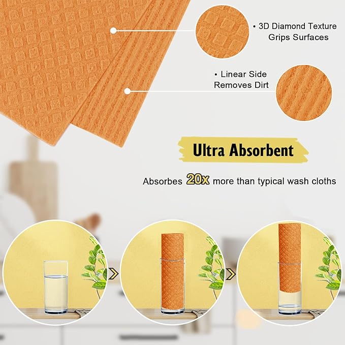 Swedish Dishcloths - 10 Pack Reusable Kitchen Dishcloths - Ultra Absorbent Dish Towels for Washing Dishes - Cellulose Sponge Cloth Cleaning Cloths - Orange-Ruum Studio Home