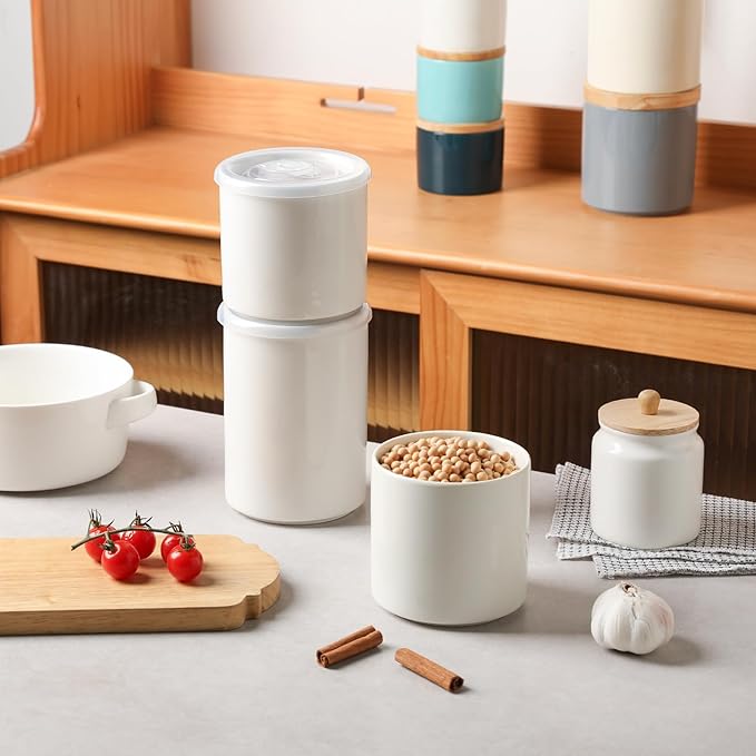 Sweejar Ceramic Food Storage Jar, Salt Container with Airtight Plastic Lid & Date Tracker, 16 Oz Kitchen Canisters for Flour, Rice, Sugar, Coffee, Spices, Pantry Organization (White)-Ruum Studio Home