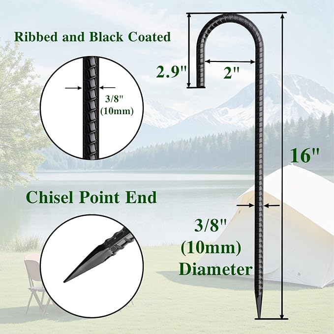 16 Inch Rebar Stakes J Hook 26 Pack Ground Stakes Heavy Duty Tent Stakes with Chisel Point End Chain Link Fence Stakes Galvanized Steel Ground Anchors Metal Spikes Black Coated-Ruum Studio Home