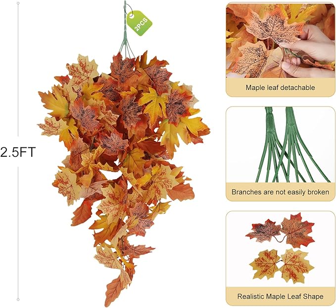 RECUTMS Fall Leaves Fall Decorations for Home Clearance Fall Decor Leaf Fall Decorations Fall Decorations for Home Thanksgiving Decorations Hanging Plants Indoor Artificial Wall Decor(Orange)-Ruum Studio Home