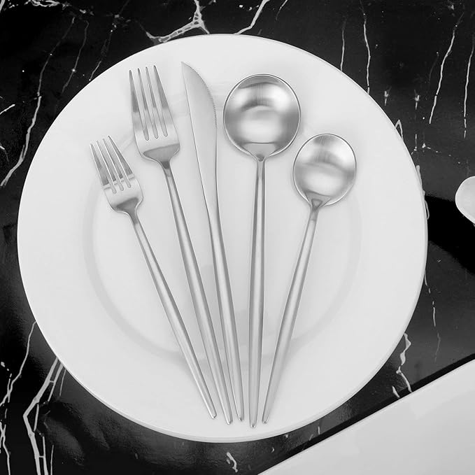 Matte Silverware Set, Vanys 20 Piece Stainless Steel Cutlery Flatware Set, Kitchen Utensil Sets for 4, Tableware With Knife Spoons And Forks Set, Satin Finished Polished-Ruum Studio Home
