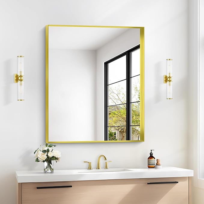 Gold Bathroom Mirror, 30x36 Inch Rectangular Framed Mirror, Large Wall Mounted Bathroom Vanity Mirror Over Sink for Bedroom,Restroom, Living Room, Hangs Vertically or Horizontally-Ruum Studio Home