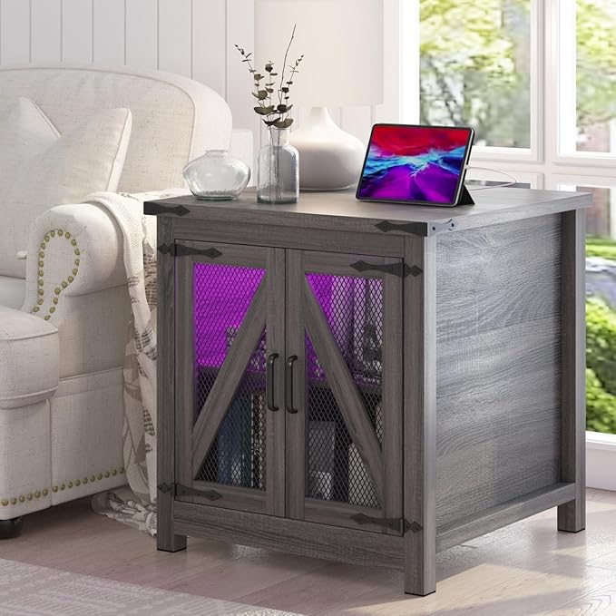 Farmhouse End Table, 24" Large Sofa Side Table with Charging Station, Mesh Barn Door, and Adjustable Storage Shelf, Rustic Wood Square Nightstand for Living Room, Bedroom, Office, Grey-Ruum Studio Home