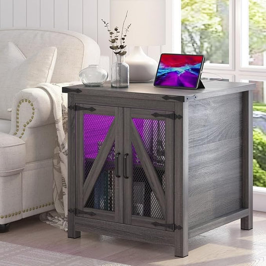 Farmhouse End Table, 24" Large Sofa Side Table with Charging Station, Mesh Barn Door, and Adjustable Storage Shelf, Rustic Wood Square Nightstand for Living Room, Bedroom, Office, Grey-Ruum Studio Home