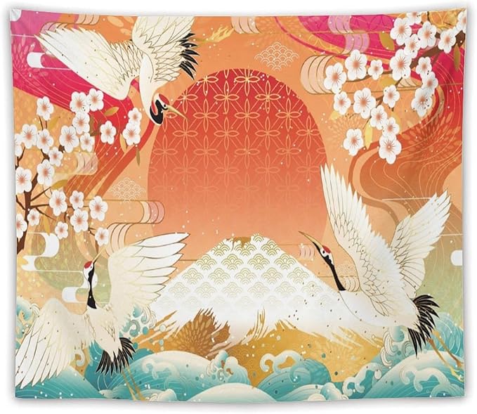 HZOHNAGO Japanese Tapestry Cherry Blossom Crane Sea Wave Fuji Mountain Red Sun Pattern Printed Wall Tapestry Painting Wall Hanging for Bedroom Living Room Dorm 60" W x 50" H-Ruum Studio Home