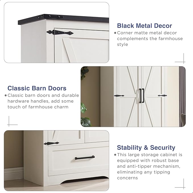 JXQTLINGMU Farmhouse Kitchen Pantry Cabinet - 72" Tall Wood Kitchen Storage Cabinets with Adjustable Shelves & 2 Barn Style Doors & Drawer, Versatile Storage for Dining Room, Bathroom, Antique White-Ruum Studio Home