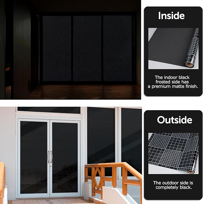 HIDBEA Blackout Window Film,100% Light Blocking Room Darkening Window Privacy Film,Frosted Glass Window Film Heat Control, Removable Window Cover Tint for Day Sleep (Black,35.4in x 6.5ft)-Ruum Studio Home