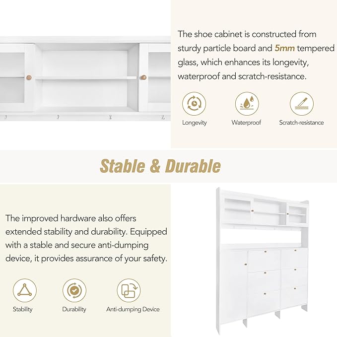 Ball & Cast Tipping Bucket 3-Tier Shoe Cabinet with 6 Flip Drawers and Storage Shelf,Entryway Hall Tree with Tempered Glass Doors and 4 Hooks,for Hallway,Mudroom,Living Room,White-Ruum Studio Home