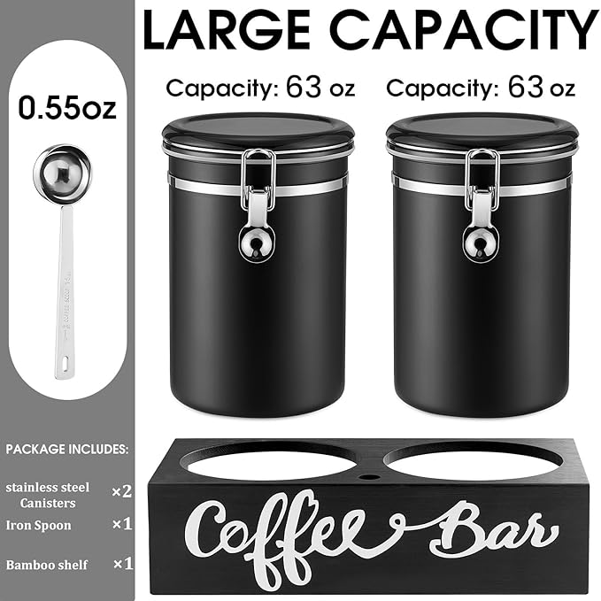 Yangbaga 2 x 63OZ Stainless Steel Coffee Canisters with Handle Shelf, Airtight Locking Clamp & Scoop, Food Storage Jars for Kitchen-Ruum Studio Home