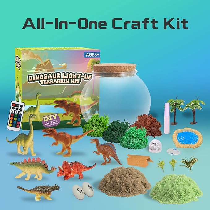 Dinosaur Light-Up Terrarium Kit for Kids- Birthday Gifts for Boys Ages 4 5 6 7 8-12 Year Old- Dinosaur Toys for Boys with Multicolor LED Light & Remote-Ruum Studio Home
