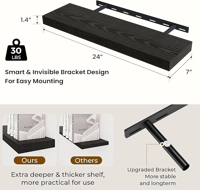 24 inch Floating Shelves Long Floating Shelves for Wall Large Wall Mounted Shelves with Invisible Brackets, Black Shelves for Bathroom, Living Room, Kitchen, Office, 24x6.7 inch deep Set of 2-Ruum Studio Home