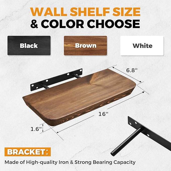 16"x6.8"x1.6" Slanted Floating Wall Shelves 2-Pack - Rustic Brown Finish, Heavy-Duty Solid Wood Design with Hidden Brackets - Perfect for Living Room, Kitchen, Bathroom, or Office-Ruum Studio Home