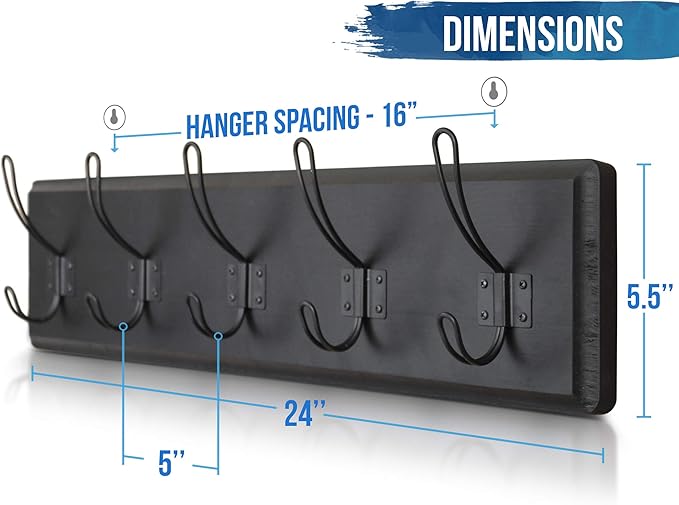 HBCY Creations Black Rustic Coat Rack Wall Mount with 5 Hooks, Solid Pine Wood 24 inch Wall Hooks for Entryway, Mudroom, Hallway, Bathroom - Vintage Farmhouse Style Wall Mounted Towel Rack-Ruum Studio Home