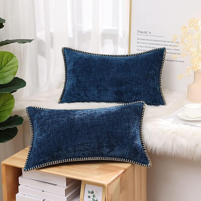 decorUhome Chenille Soft Throw Pillow Covers 12x20 Set of 2, Lumbar Velvet Farmhouse Neutral Decorative Euro Pillow Covers with Stitched Edge for Couch Sofa Bed Home Decor, Poseidon-Ruum Studio Home