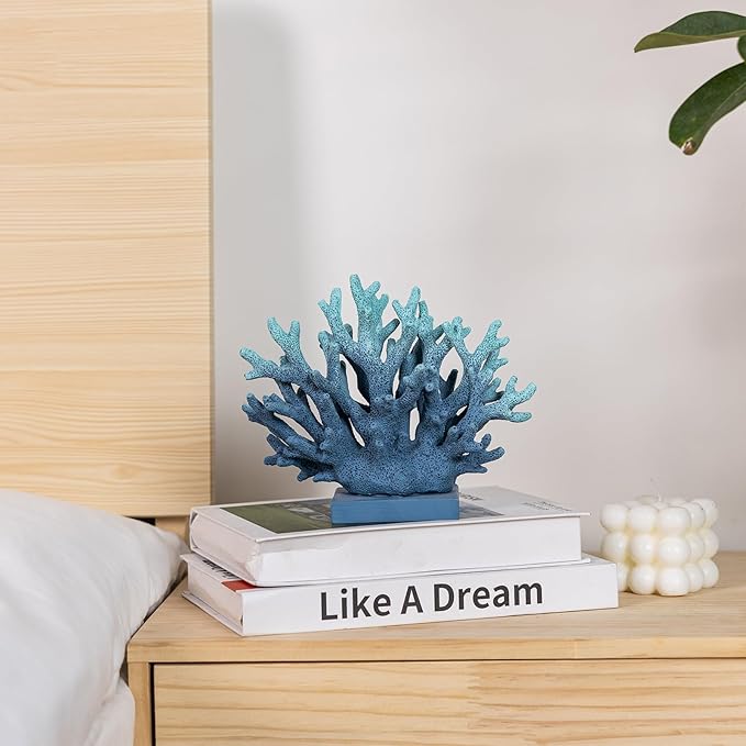 5.8" H Blue Coral Decor, Resin Coral Statue, Nautical Decorations for Home, Beach/Coastal/Ocean Themed Cabinet Shelf Tabletop Decor-Ruum Studio Home