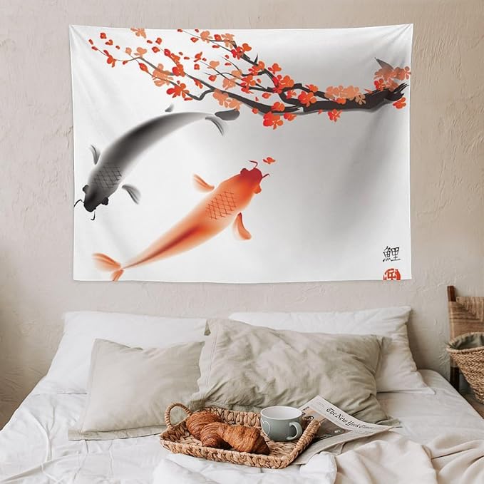 Japanese Koi Fish Tapestry, Cherry Blossoms Asian Oriental Flower Branch Koi Fish Carp Tapestries Wall Hanging for Bedroom Living Room Office Decor 40"x30"-Ruum Studio Home