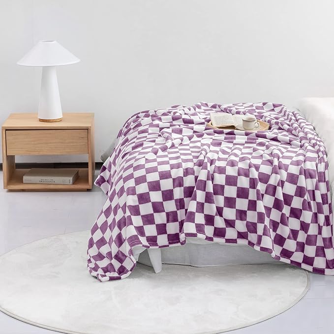 LOMAO Throw Blankets Flannel Blanket with Checkerboard Grid Pattern Soft Throw Blanket for Couch, Bed, Sofa Luxurious Warm and Cozy for All Seasons (Purple, 60"x80")-Ruum Studio Home