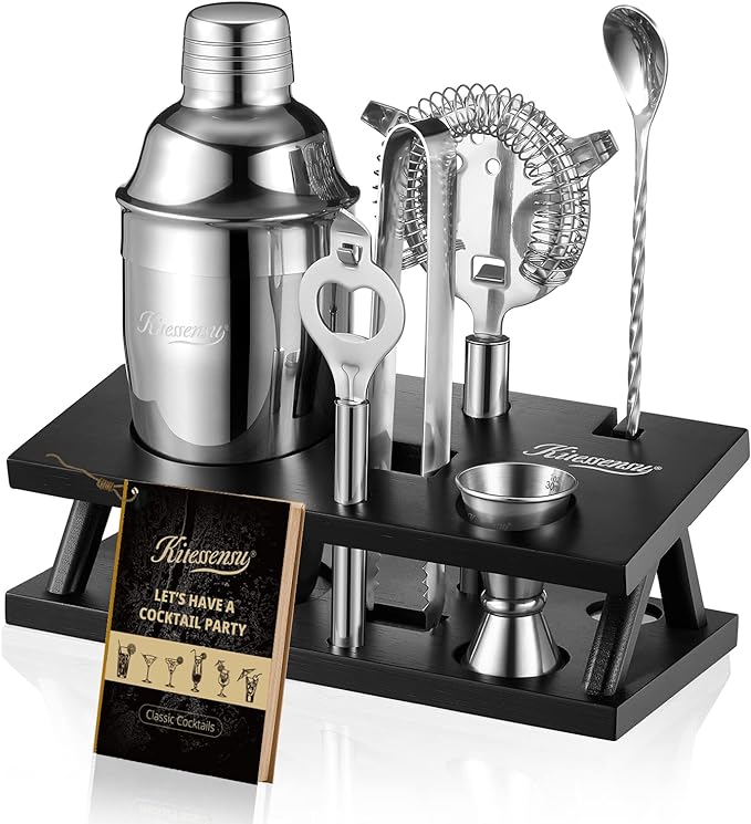 KITESSENSU Cocktail Shaker Set Bartender Kit, 6-Piece Silver Bar Set with Stand, Bar kit with Essential Bar Accessory Tools: Martini Shaker, Jigger, Strainer, Bar Spoon, Tongs, Opener-Ruum Studio Home