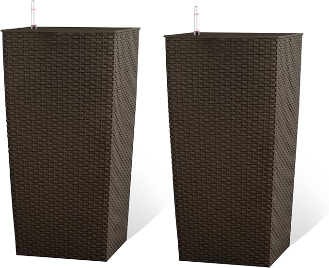 2Pcs 23in High Large Plant Pots Planter-Self-Watering,Modern Planter with Drain Holes,Water Level Monitor,Inner Bucket for Indoor/Outdoor Front Porch Patio,Brown Rattan-Ruum Studio Home